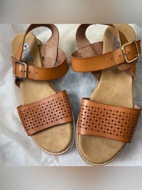 Skechers Bobs Tan Perforated Ankle-Strap Sandals with Buckle